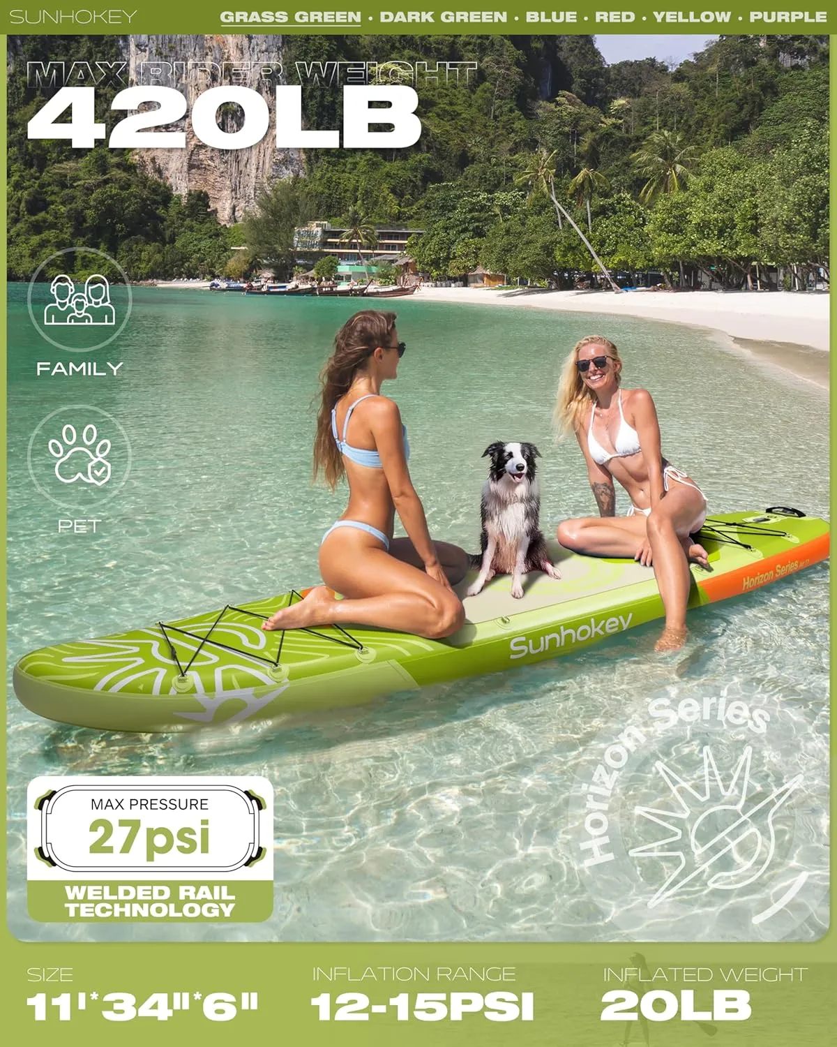11'34'' Extra Wide Inflatable Paddle Board with Seam Welded Technology, Stand Up Paddle Board, 420lb Capacity for Adults, Sup Board for All-Level with 2-Blade Paddle/Dual-Action Pump/Leash