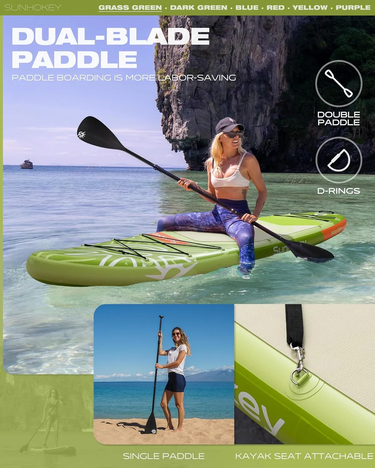 11'34'' Extra Wide Inflatable Paddle Board with Seam Welded Technology, Stand Up Paddle Board, 420lb Capacity for Adults, Sup Board for All-Level with 2-Blade Paddle/Dual-Action Pump/Leash