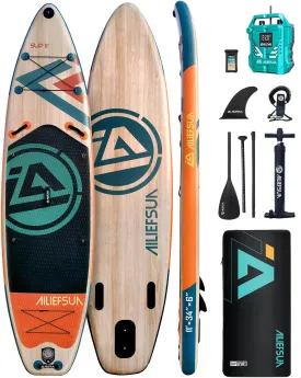 11*34*6 Electric Inflator Pump Stand Up Paddle Board Inflatable Stable Fast Sup Board with Fishing Paddleboards Accessories for Adults Youth Wide Non-Slip Deck Surfboard (Wood Grain)