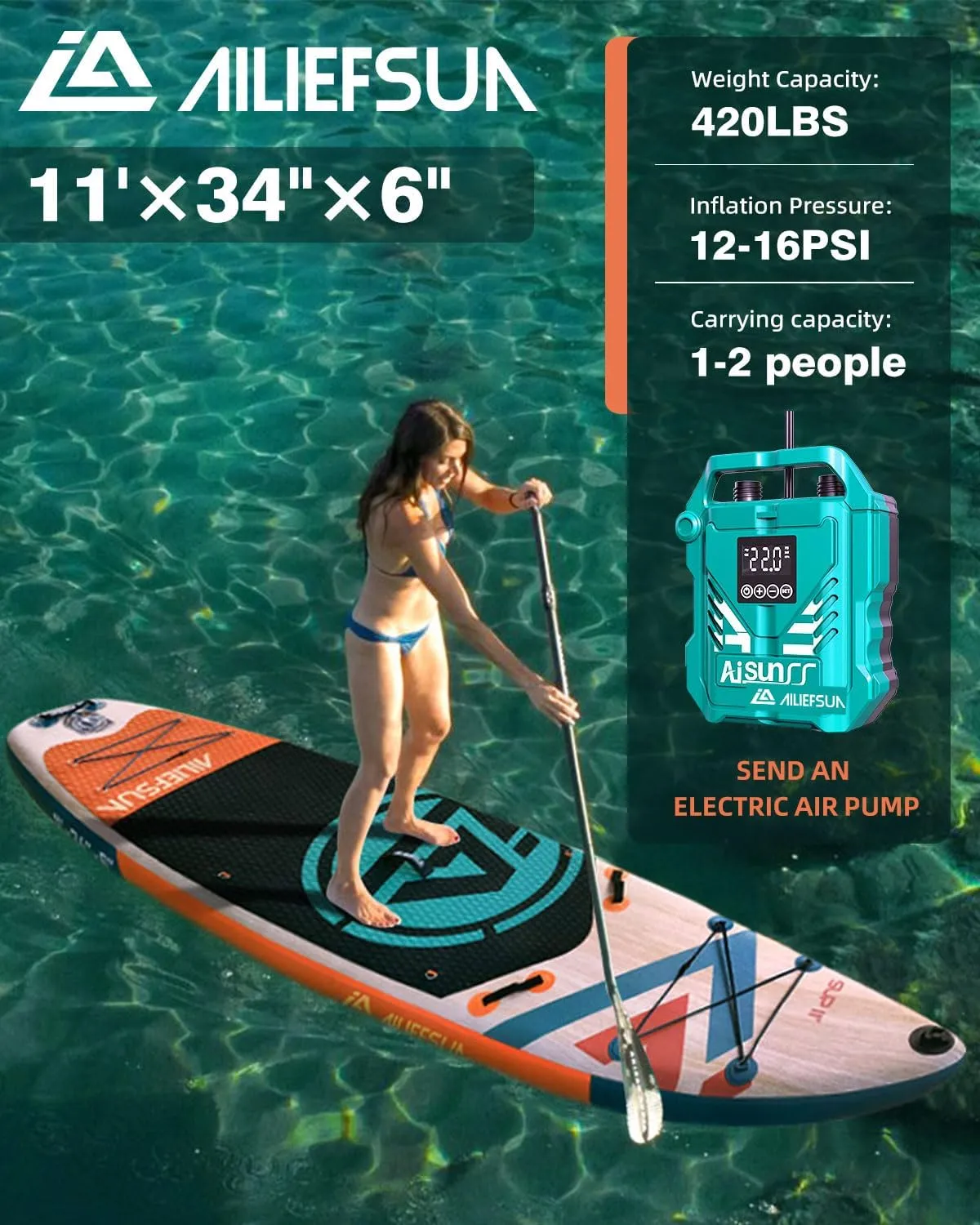 11*34*6 Electric Inflator Pump Stand Up Paddle Board Inflatable Stable Fast Sup Board with Fishing Paddleboards Accessories for Adults Youth Wide Non-Slip Deck Surfboard (Wood Grain)