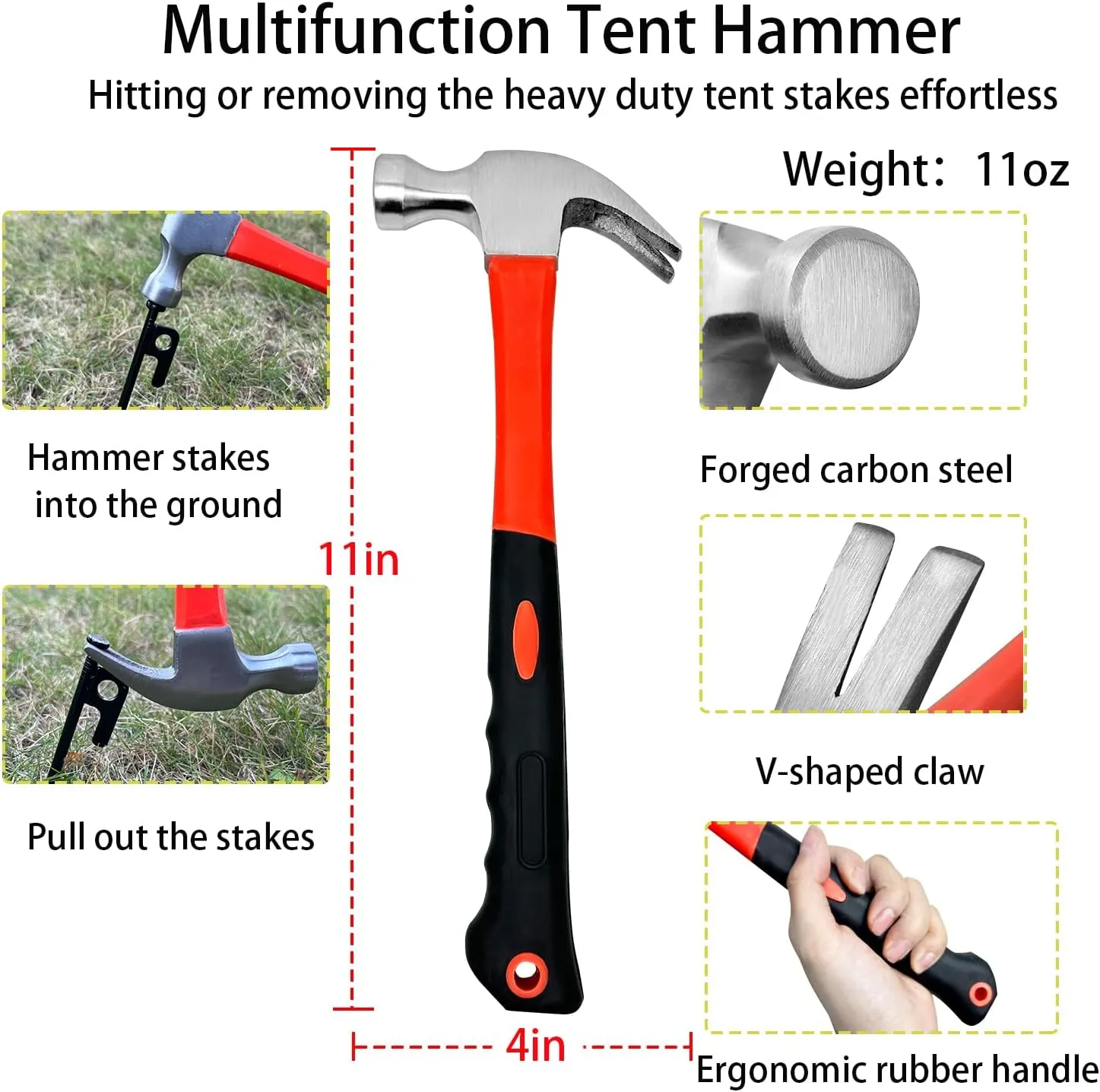 12Pcs Tent Stake with Hammer Set, 8in Tent Stakes Heavy Duty with 10.5in Camping Hammer, Storage Pouch, Forged Steel Tent Stakes for Camping Used on Rocks, Grassland(12Pcs 8in Stakes Hammer)