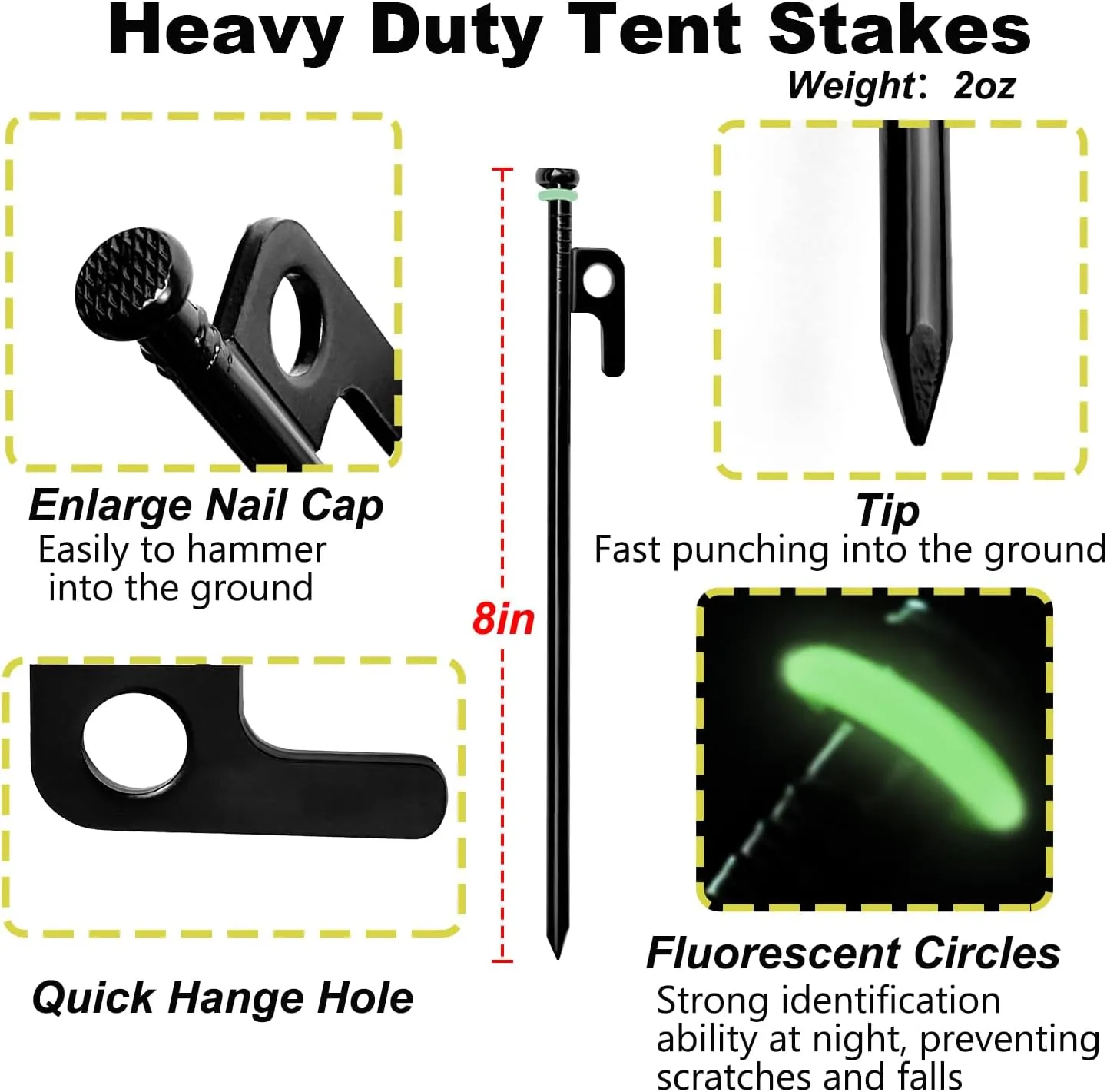 12Pcs Tent Stake with Hammer Set, 8in Tent Stakes Heavy Duty with 10.5in Camping Hammer, Storage Pouch, Forged Steel Tent Stakes for Camping Used on Rocks, Grassland(12Pcs 8in Stakes Hammer)