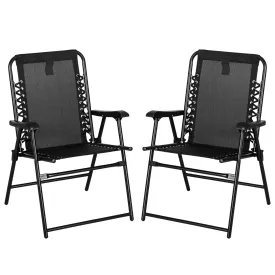 2 Pcs Patio Folding Chair Set, Outdoor Portable Loungers for Camping Pool Beach Deck, Lawn w/ Armrest Steel Frame Black