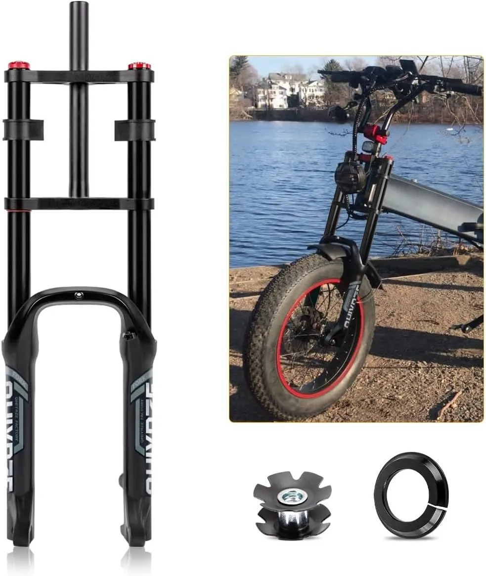 20 Inch Fat Bike Fork 4.0" Air Suspension Fork Travel 120mm E-bike Fork Rebound Adjustable 1-1/8" Straight Front Fork Double Crown Disc Brake QR 9x135mm For Fat Tires Bike Electric Bicycle(Black)