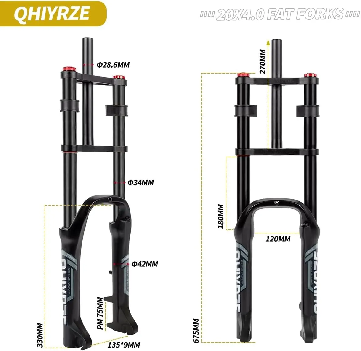 20 Inch Fat Bike Fork 4.0" Air Suspension Fork Travel 120mm E-bike Fork Rebound Adjustable 1-1/8" Straight Front Fork Double Crown Disc Brake QR 9x135mm For Fat Tires Bike Electric Bicycle(Black)