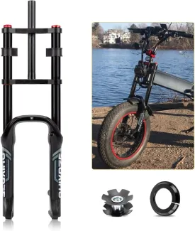 20 Inch Fat Bike Fork 4.0" Air Suspension Fork Travel 120mm E-bike Fork Rebound Adjustable 1-1/8" Straight Front Fork Double Crown Disc Brake QR 9x135mm For Fat Tires Bike Electric Bicycle(Black)