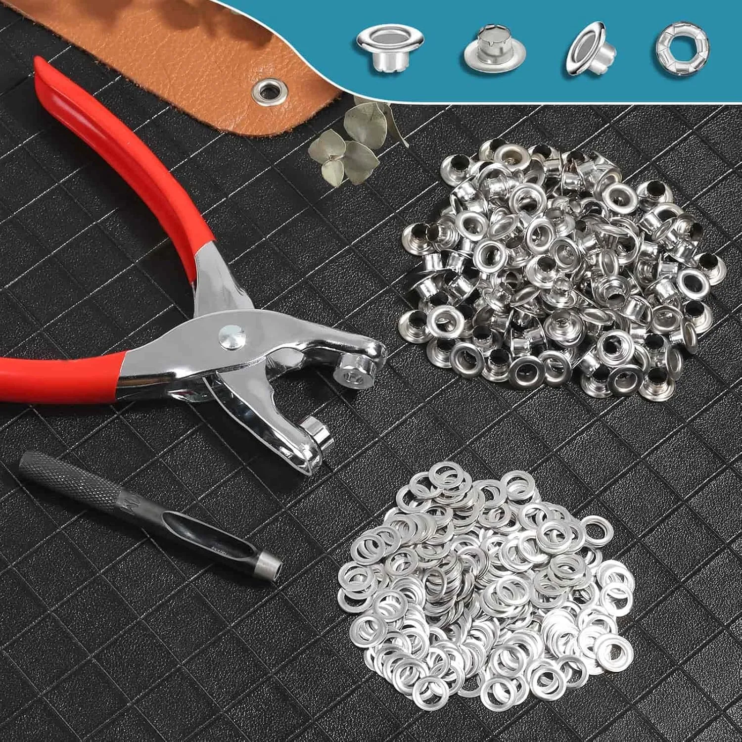 803Pcs Grommet Tool Kit 6mm 1/4 Inch(Inside Hole Size) Eyelet Kit with 400Pcs Eyelets Grommets, 400Pcs Washers and Grommet Eyelet Pliers for Leather/Belt/Shoes/Crafts