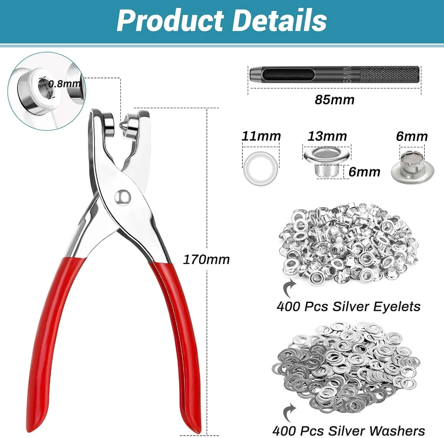 803Pcs Grommet Tool Kit 6mm 1/4 Inch(Inside Hole Size) Eyelet Kit with 400Pcs Eyelets Grommets, 400Pcs Washers and Grommet Eyelet Pliers for Leather/Belt/Shoes/Crafts
