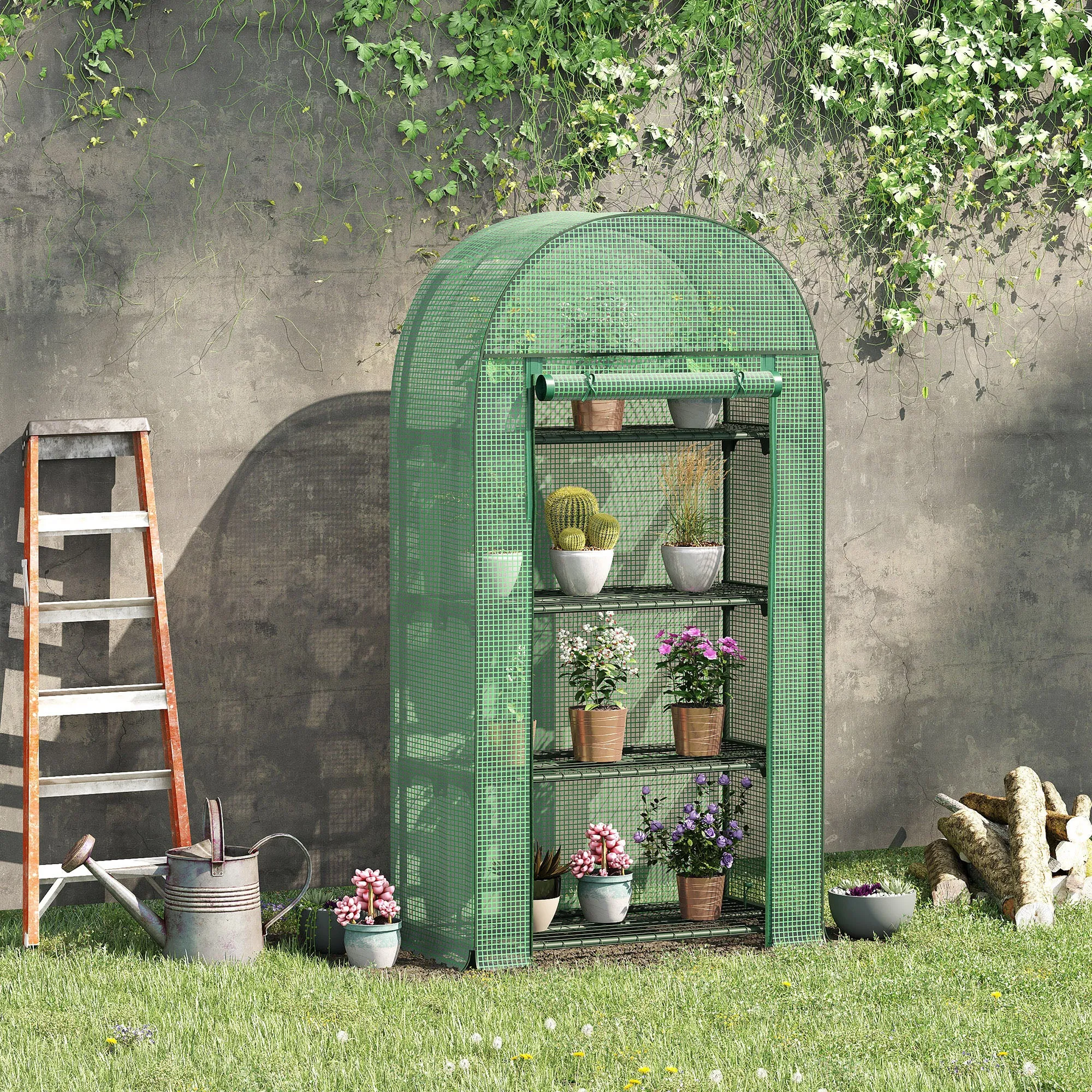80x49x160cm Mini Greenhouse for Outdoor, Portable Gardening Plant with Storage Shelf, Roll-Up Zippered Door, Metal Frame and PE Cover, Green