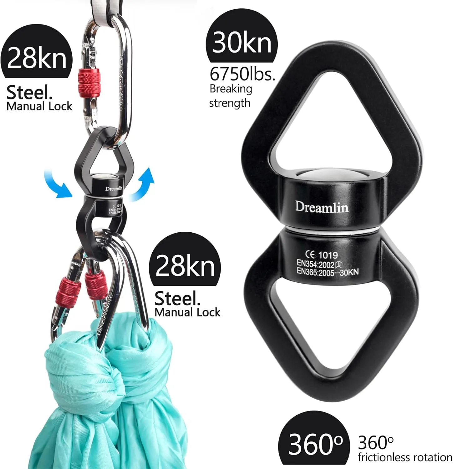 Aerial Silks Hardware Kit 30 KN Swing Swivel Aerial Yoga Hammock Rigging Aluminum Swivel Aerial Hoop Lyra Rotational Device Hanging Accessory