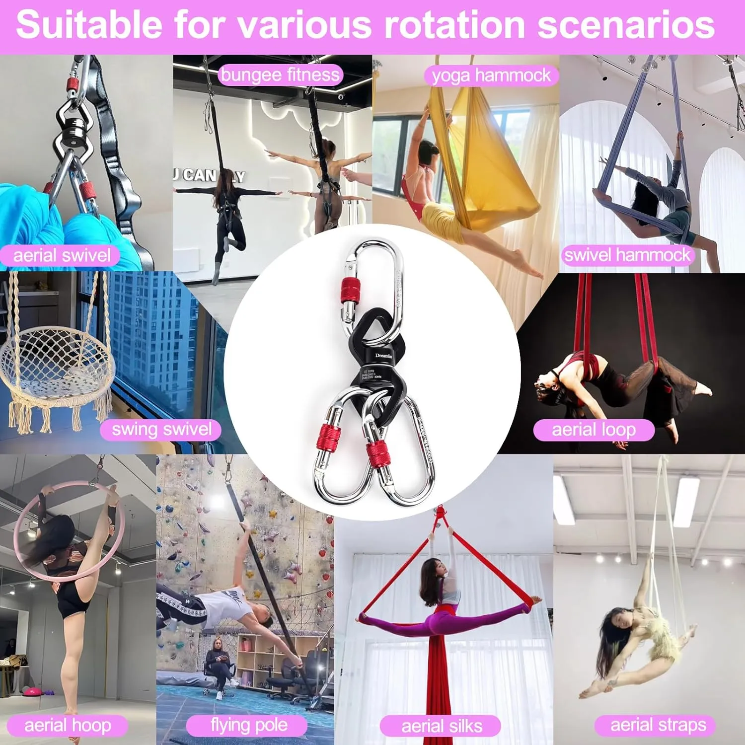 Aerial Silks Hardware Kit 30 KN Swing Swivel Aerial Yoga Hammock Rigging Aluminum Swivel Aerial Hoop Lyra Rotational Device Hanging Accessory
