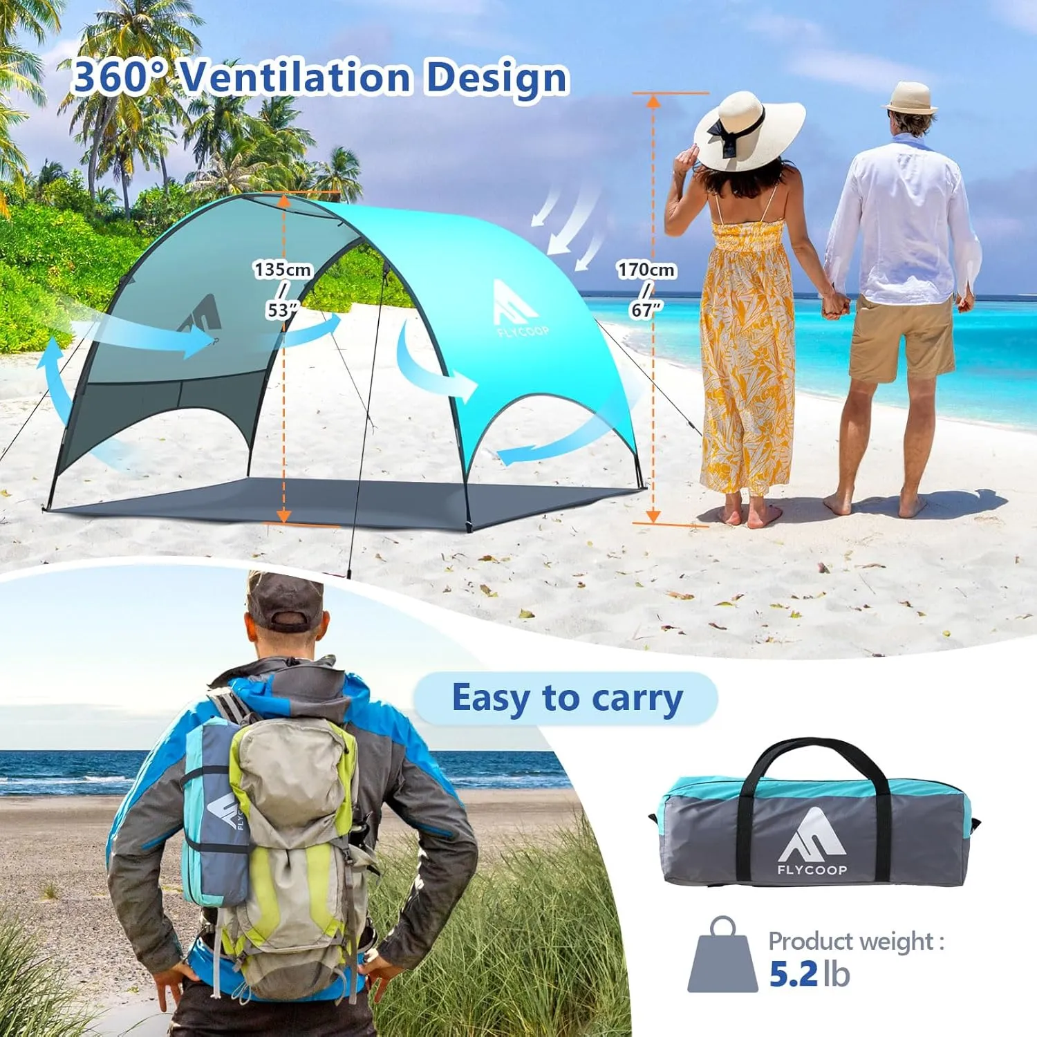 Beach Tent - Beach Shade Canopy Compact Fold (16.9x3.9), Own Patent, 360 Ventilation, Large Side Storage Pocket, UV Protection Portable Sun Shelter for Beach (Green, 90.5 * 59 * 53)