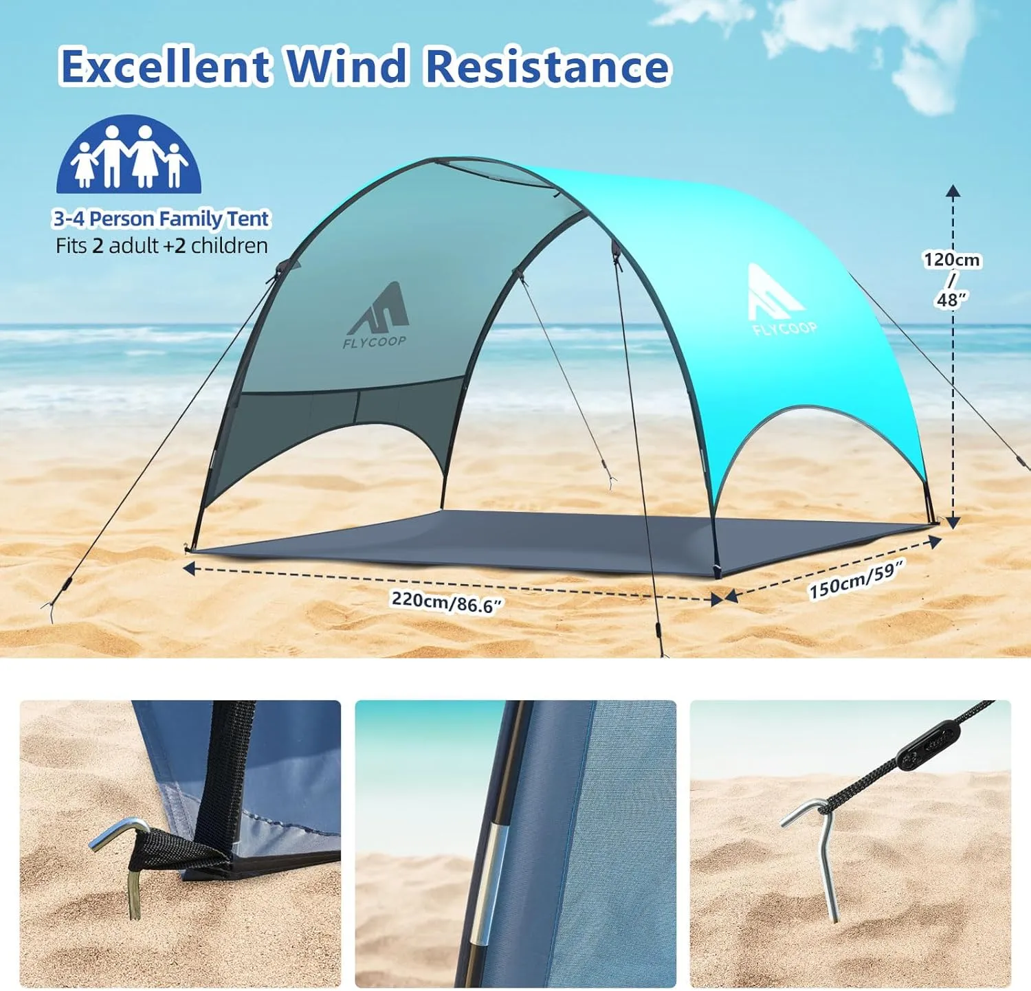 Beach Tent - Beach Shade Canopy Compact Fold (16.9x3.9), Own Patent, 360 Ventilation, Large Side Storage Pocket, UV Protection Portable Sun Shelter for Beach (Green, 90.5 * 59 * 53)