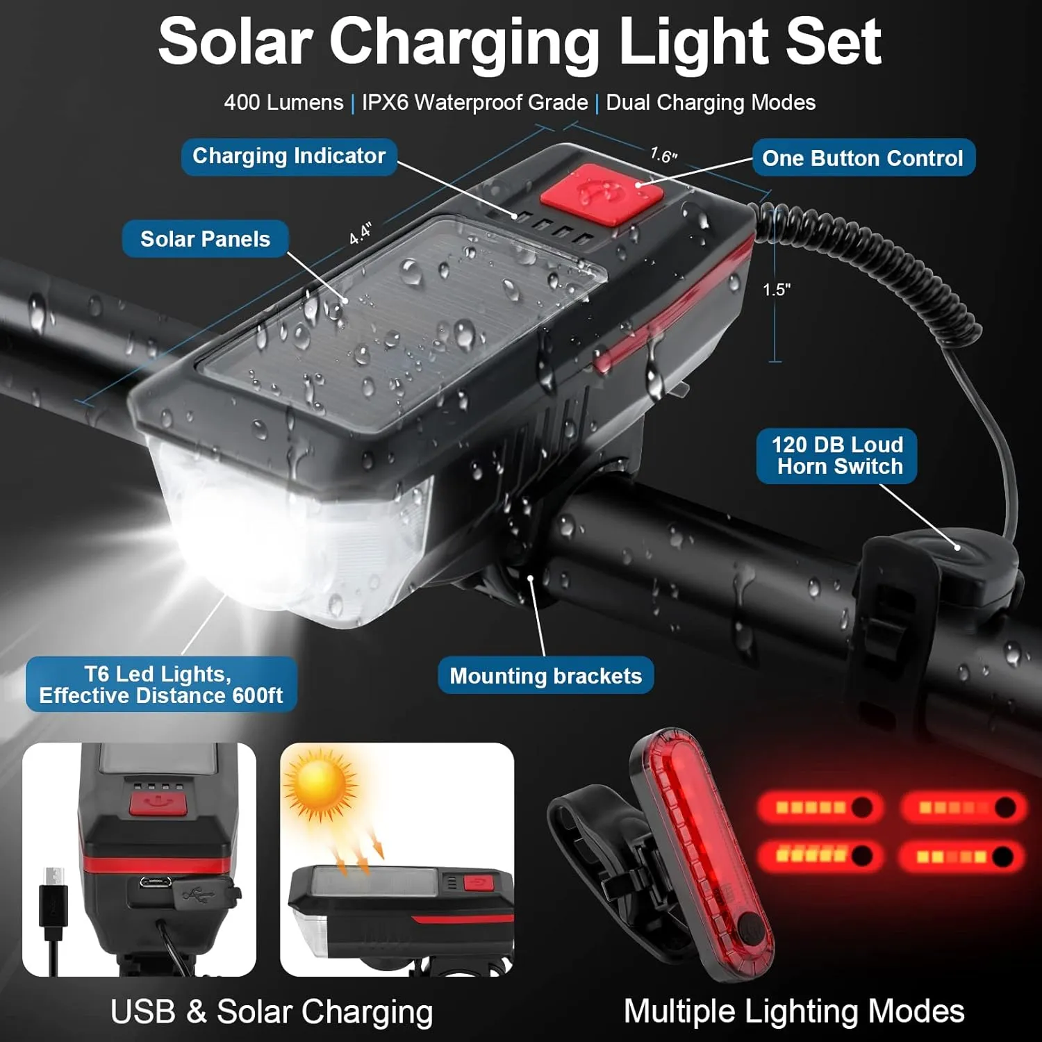 Bicycle Accessories - USB Rechargeable Light Set, Lock, Water Cup Seat, Bag, Bell