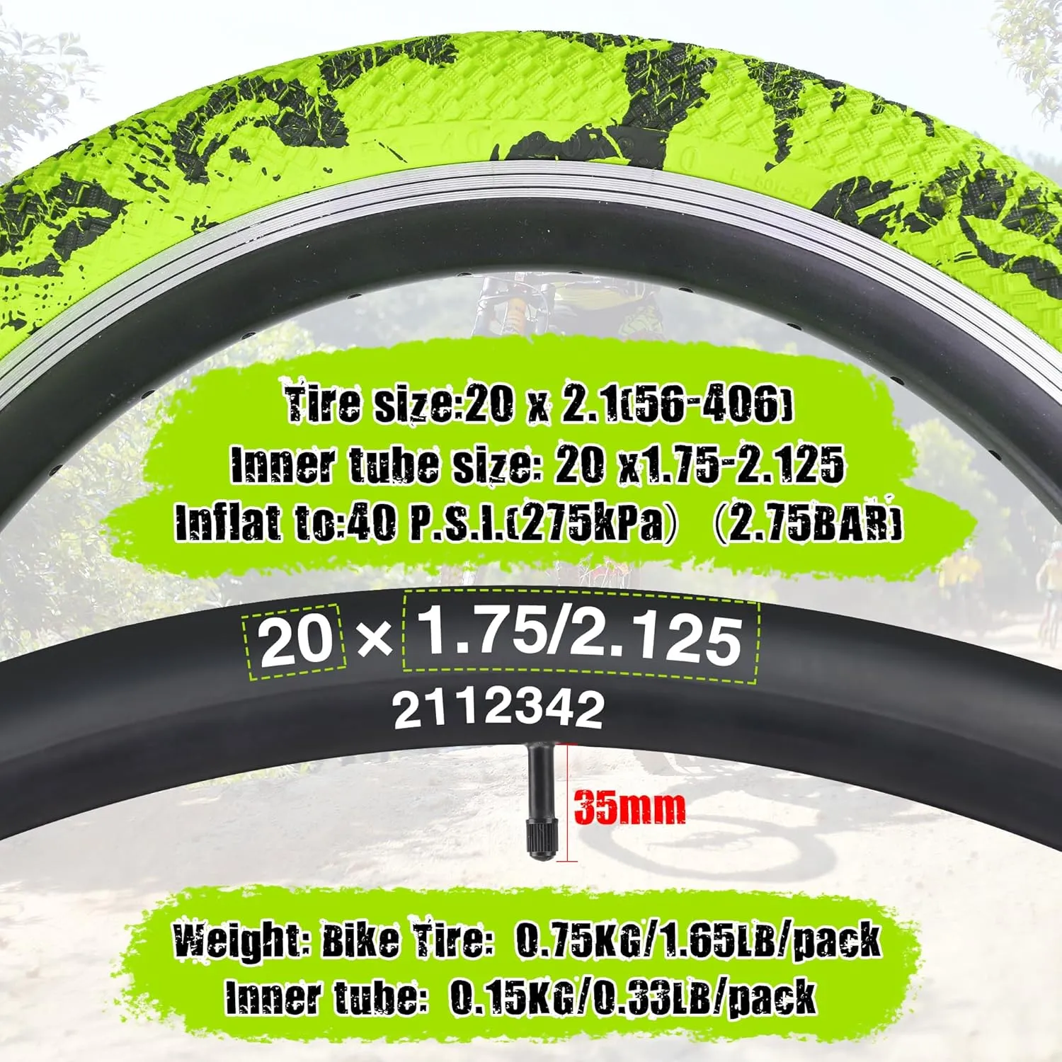 Bike Tire 16/20 Inch Tires 2 Pack 20 x 2.1 Folding Bead Replacement Tyre with 16/20 Inch Inner Tubes for 16"/ 20" Bicycles, MTB, Mountain Bike, BMX