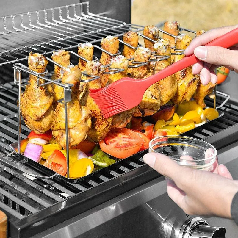 Chicken Leg Barbecue Rack -  Premium Stainless Steel Chicken Drumstick Rack with Drip Tray