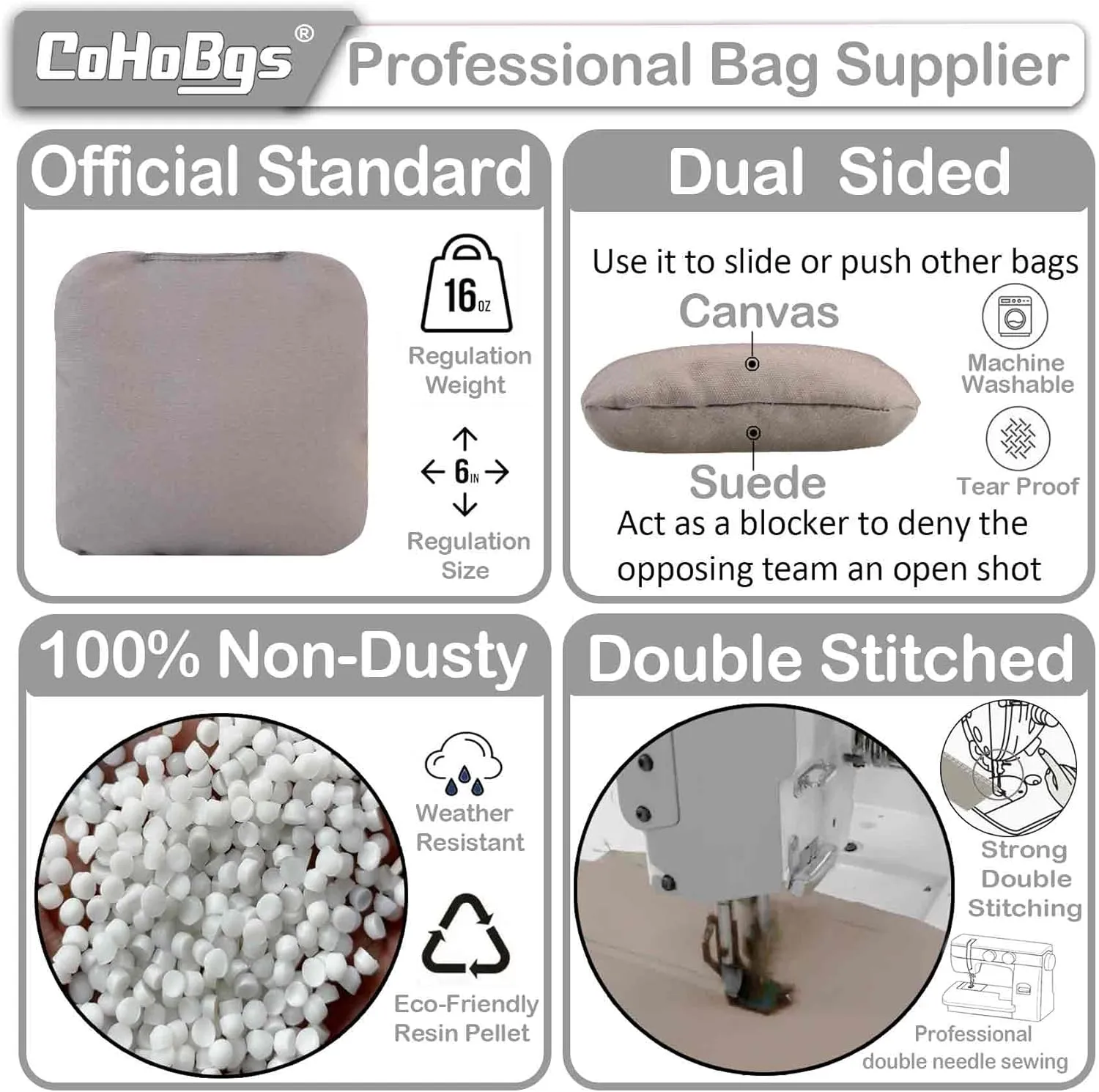 CoHoBgs Corn Hole Bags Set 8, Professional Cornhole Bags Dual-Sided Slick & Stick Resin Filled Suede and Duck Canvas Bean Bags for Cornhole Game Includes Carry Case