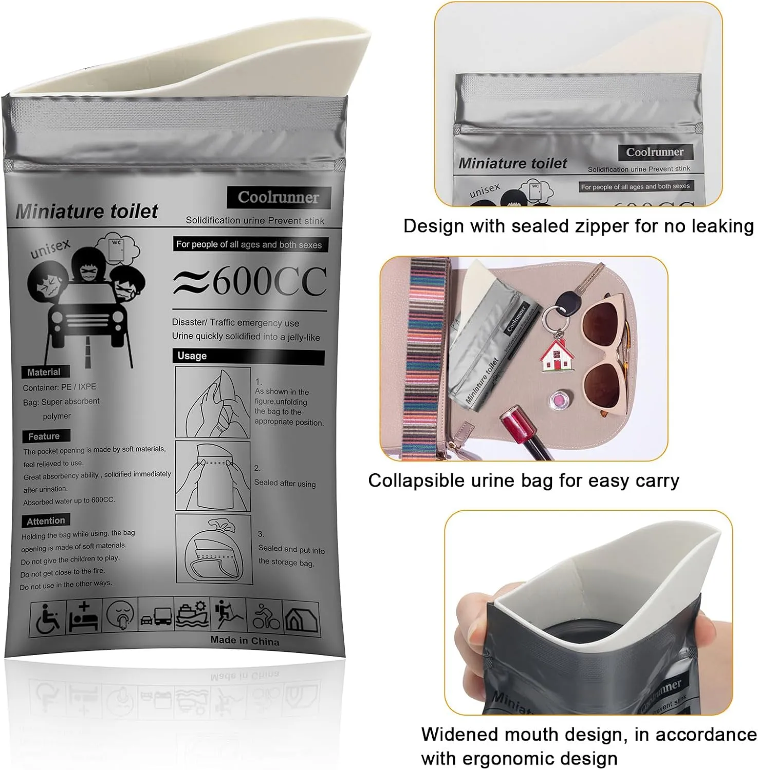 Coolrunner Disposable Urine Bags, Camping Pee Bags for Men Women, Disposable Urinals Vomit Bags for Travel Urinal Toilet Traffic Jam Emergency Portable Toilet for Kids, Patient