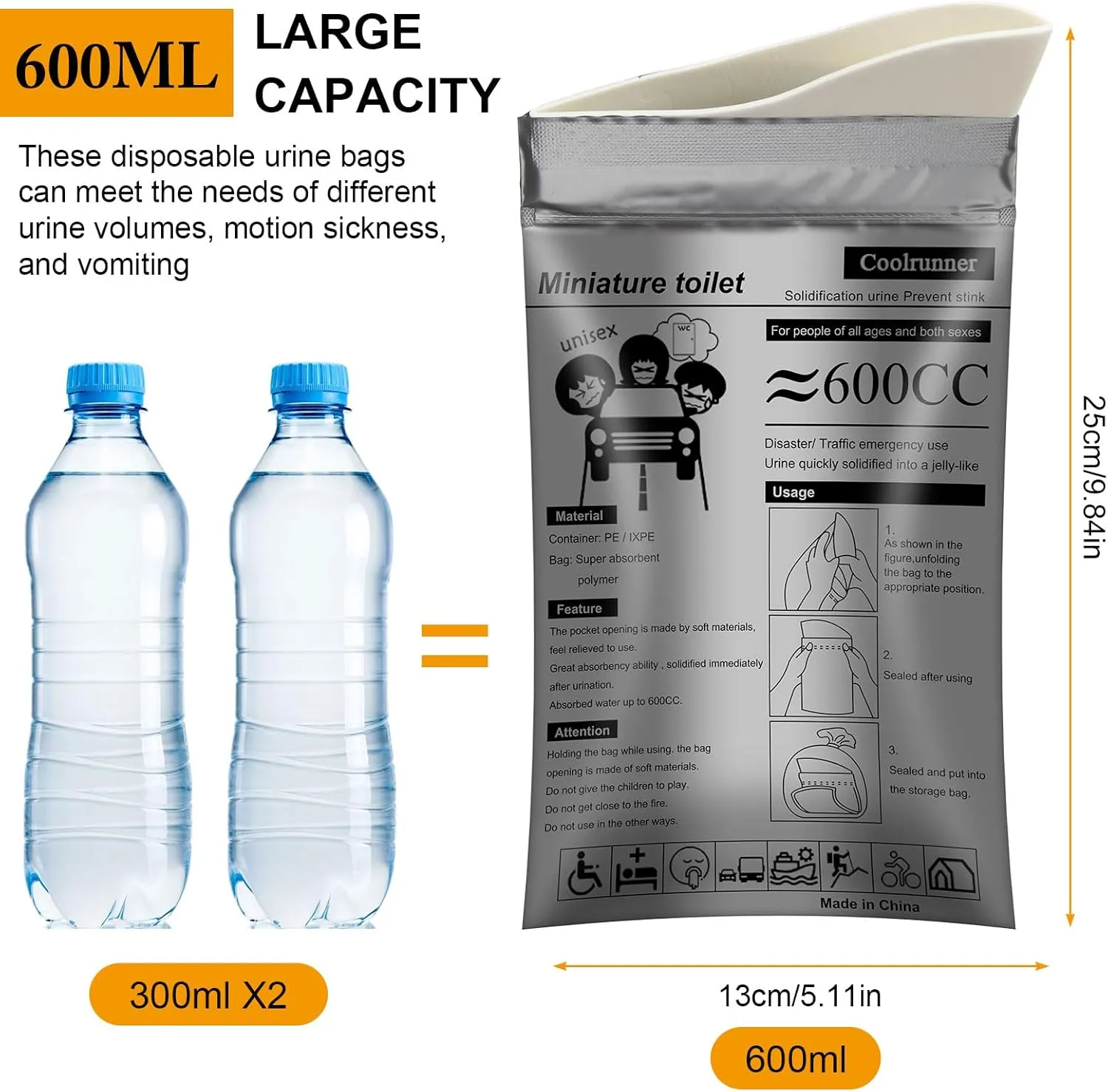 Coolrunner Disposable Urine Bags, Camping Pee Bags for Men Women, Disposable Urinals Vomit Bags for Travel Urinal Toilet Traffic Jam Emergency Portable Toilet for Kids, Patient