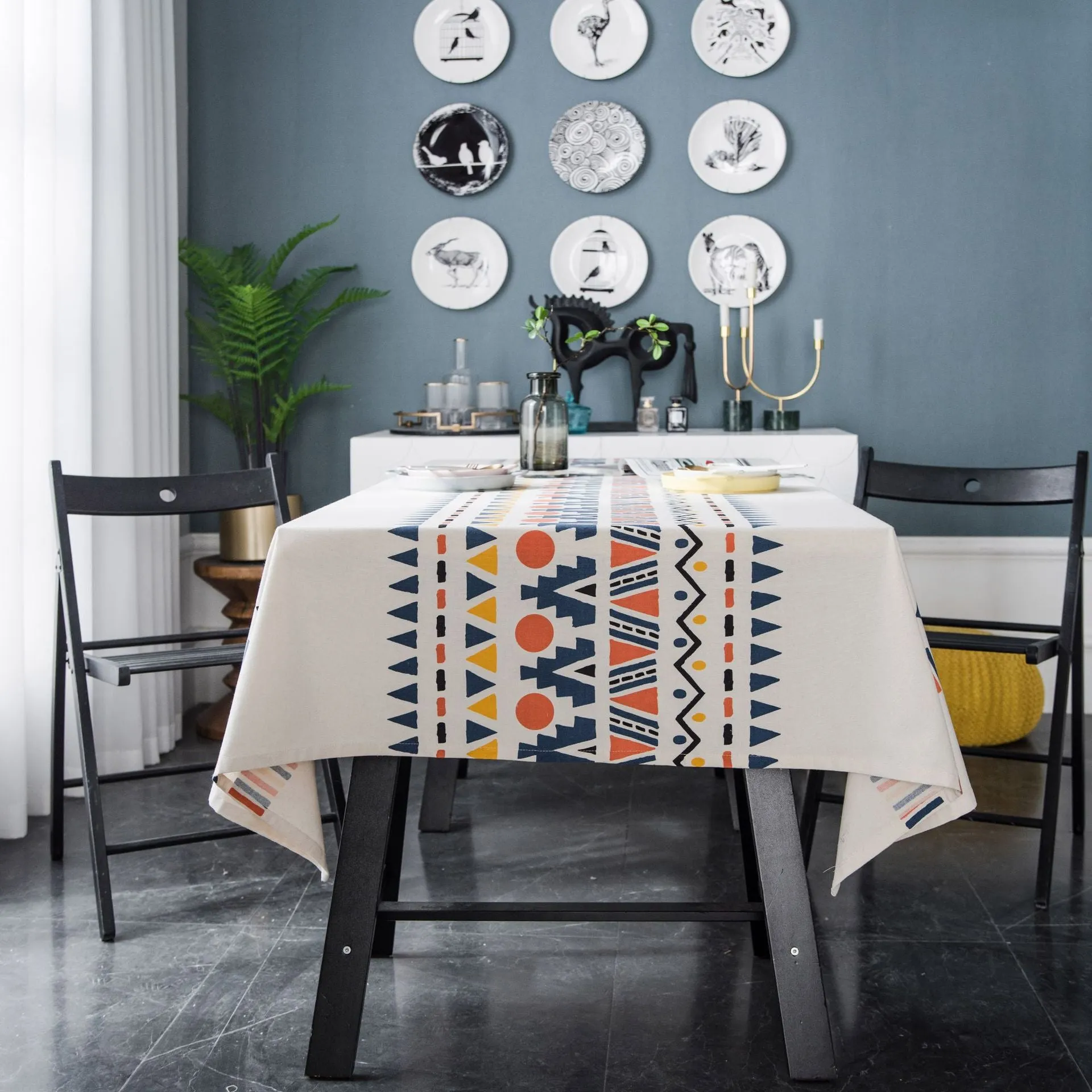 Cotton Linen Tablecloth Geometric Multi-Color Printing  for Rectangular Square Dining Table