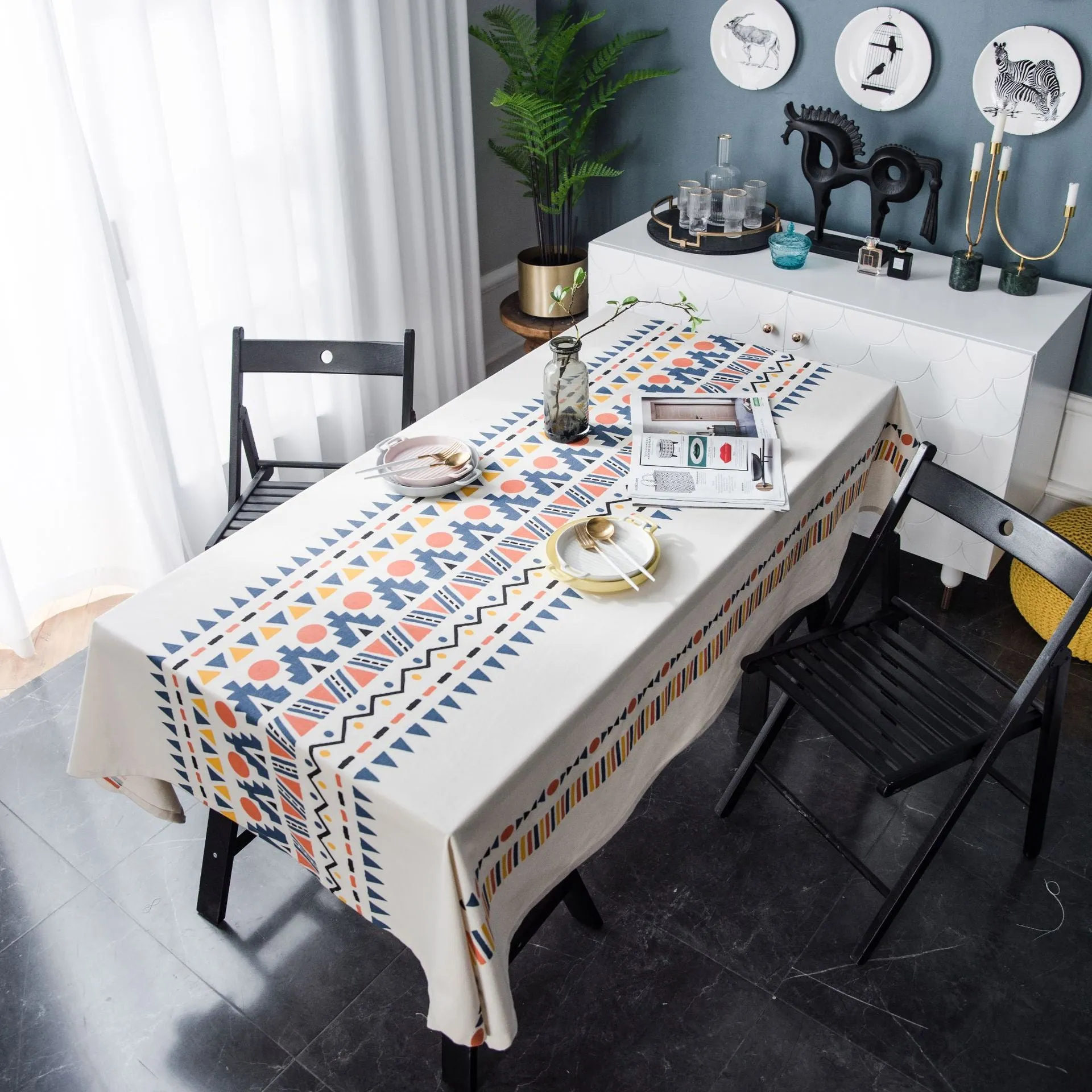 Cotton Linen Tablecloth Geometric Multi-Color Printing  for Rectangular Square Dining Table