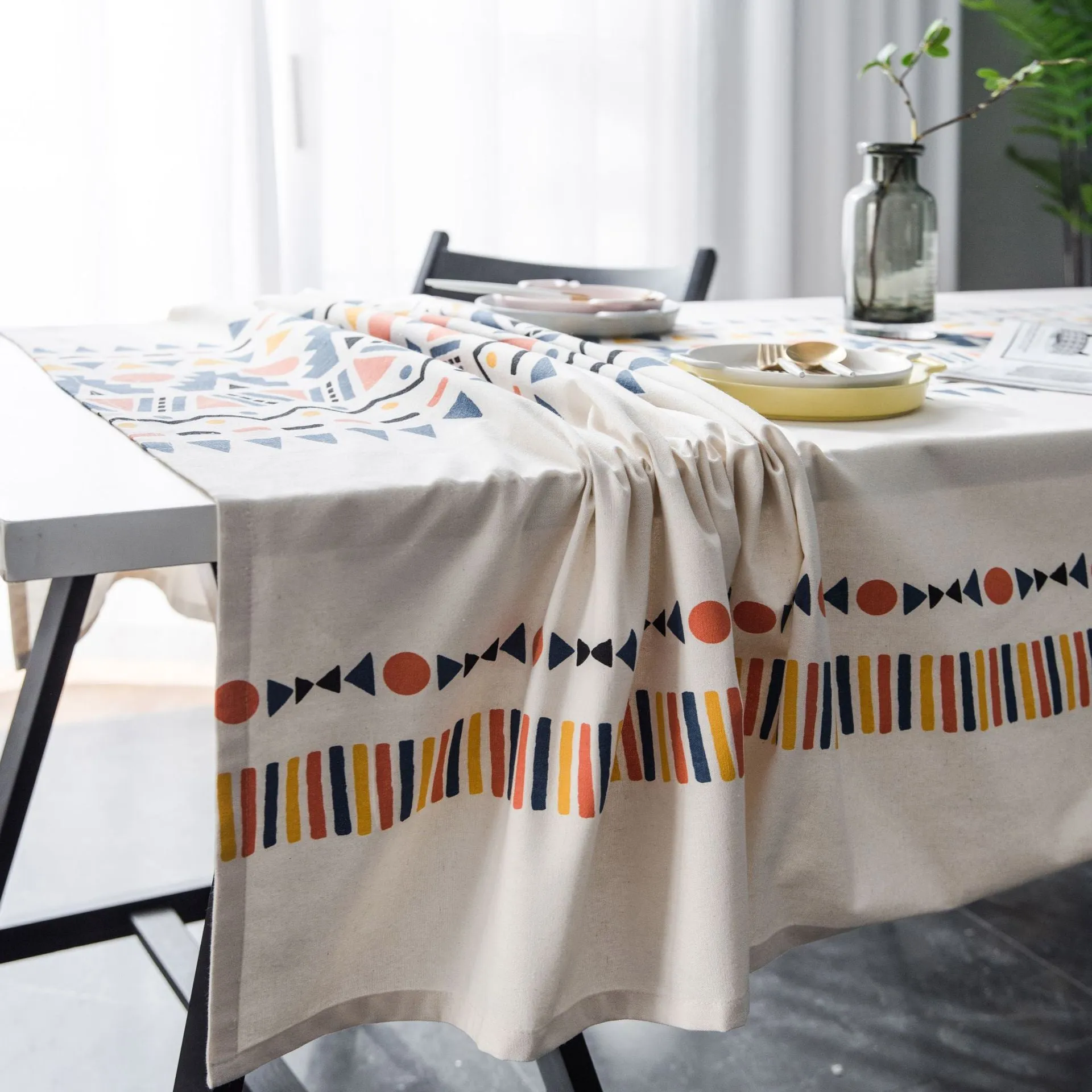 Cotton Linen Tablecloth Geometric Multi-Color Printing  for Rectangular Square Dining Table