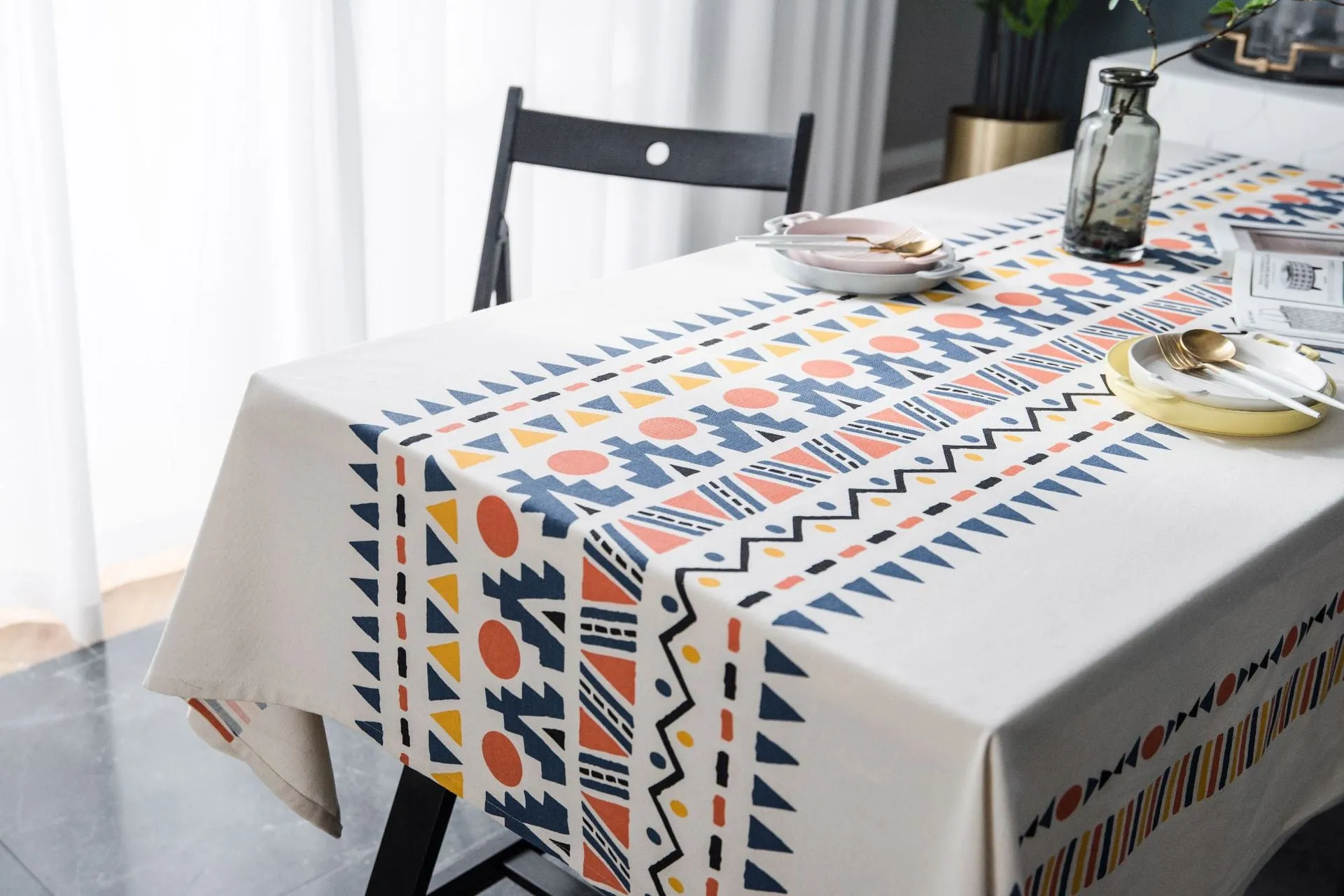 Cotton Linen Tablecloth Geometric Multi-Color Printing  for Rectangular Square Dining Table