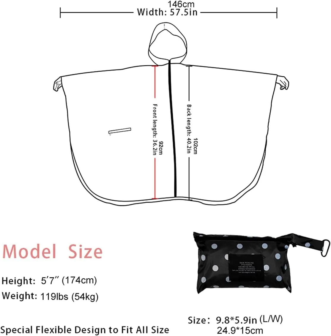 Fashion Hooded Rain Poncho Waterproof Raincoat Jacket with pocket for Women/Men/Adult