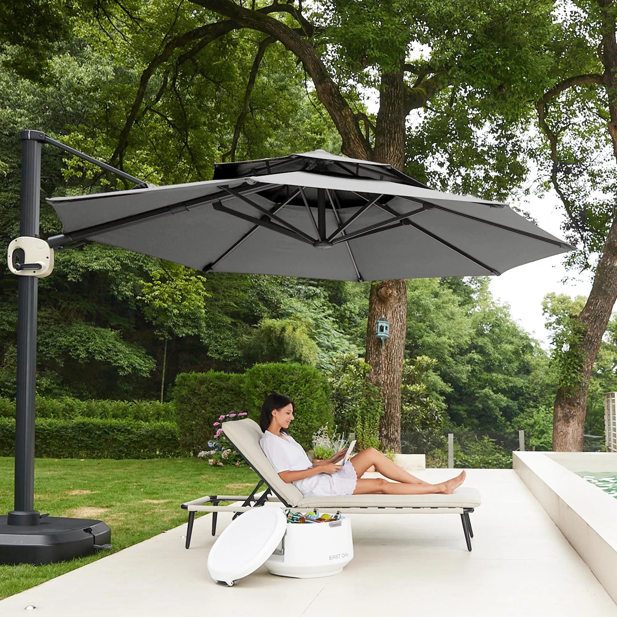 Flame&Shade 11 ft Double Roof Round Offset Cantilever Patio Umbrella