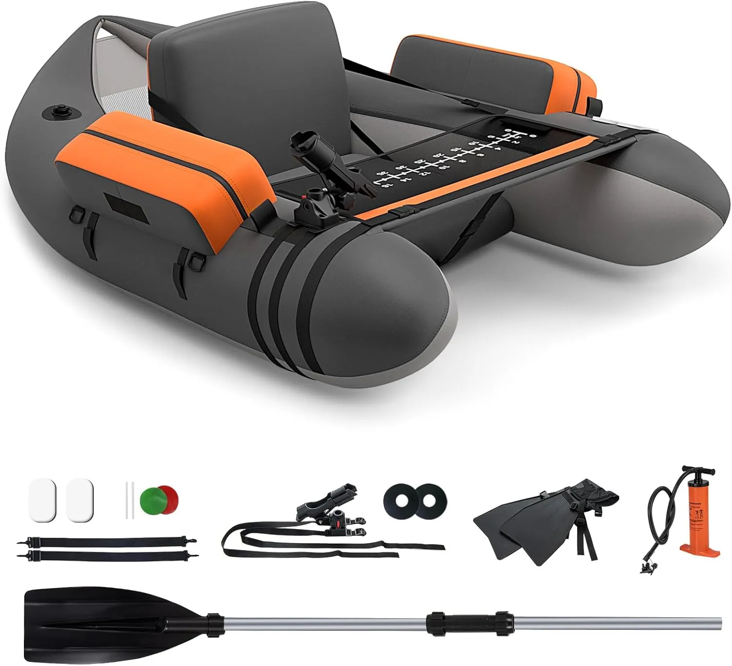GYMAX Fishing Float Tube, 350lbs Inflatable Fishing Boat with Paddle, Pump, Flippers, Fish Hook Stators, Fish Ruler, Storage Pockets, Portable Backpack Belly Boat for Adults Fishing