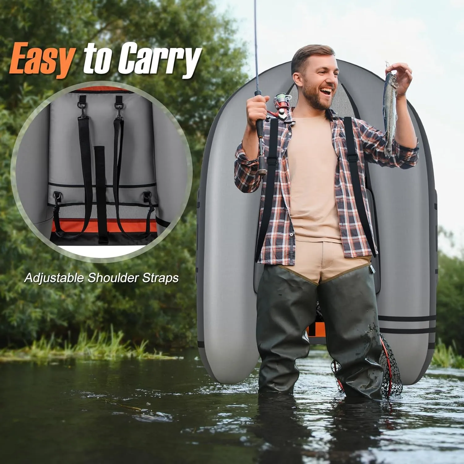GYMAX Fishing Float Tube, 350lbs Inflatable Fishing Boat with Paddle, Pump, Flippers, Fish Hook Stators, Fish Ruler, Storage Pockets, Portable Backpack Belly Boat for Adults Fishing