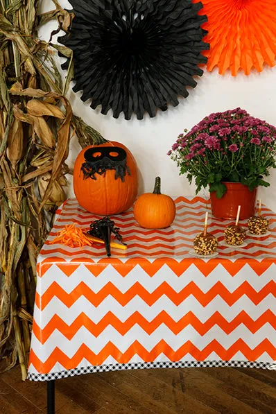 Halloween Orange Chevron With Black Gingham Trim Oilcloth Tablecloth You Pick The Size