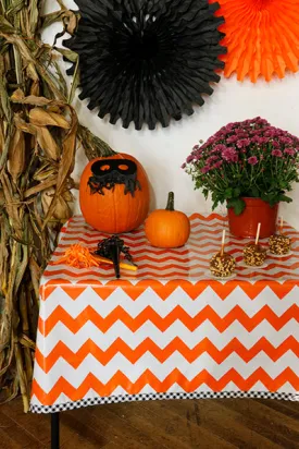 Halloween Orange Chevron With Black Gingham Trim Oilcloth Tablecloth You Pick The Size