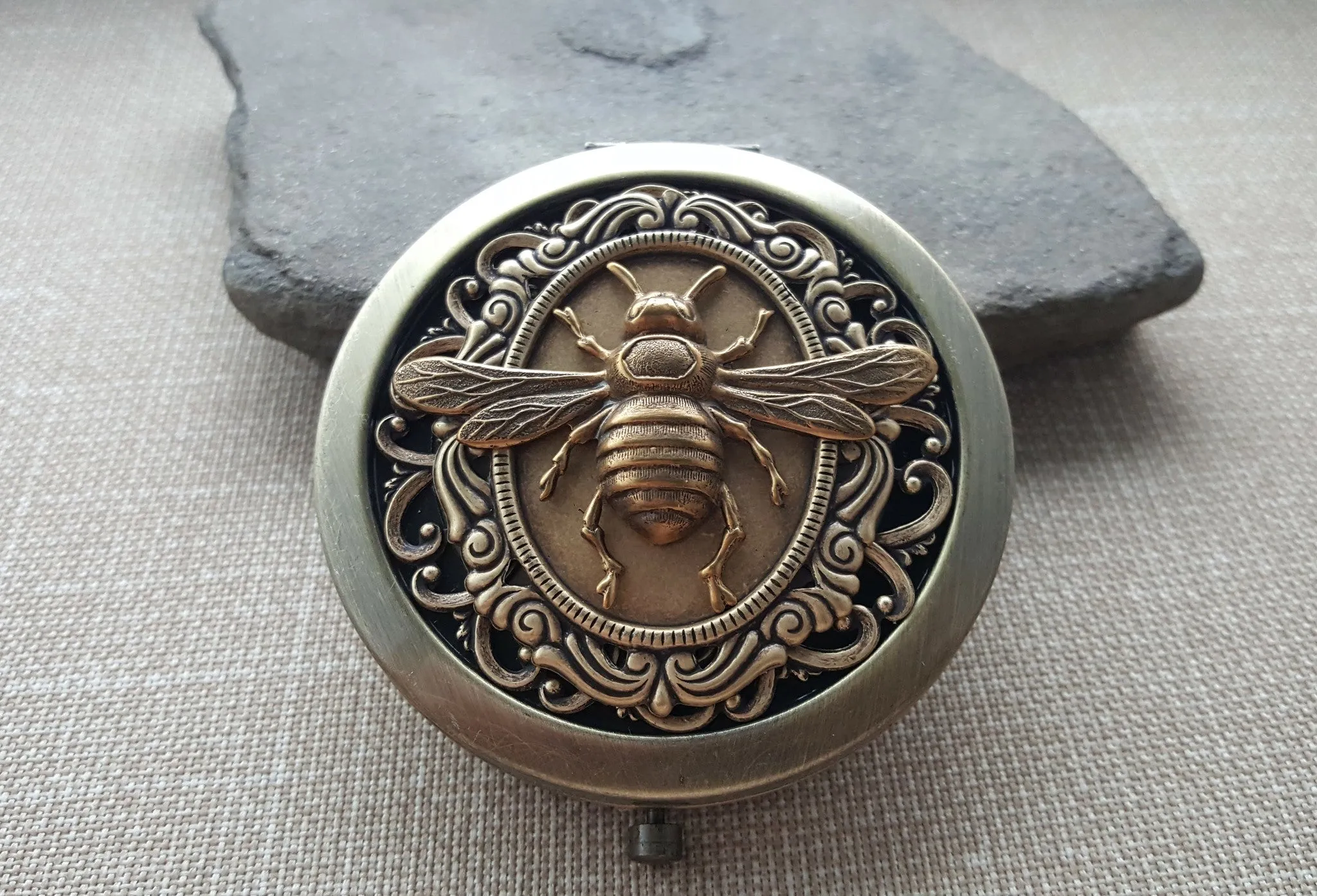 Handmade Victorian Bronze Bee Steampunk Compact Mirror