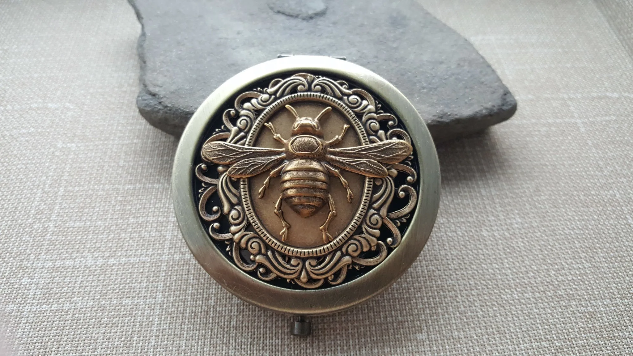 Handmade Victorian Bronze Bee Steampunk Compact Mirror