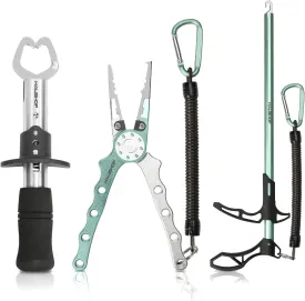 HAUSHOF 3PC Fishing Tool Kit, Stainless Steel Fish Lip Gripper, Aluminum Fishing Pliers with Sheath, Fish Hook Remover with Safety Coiled Lanyard