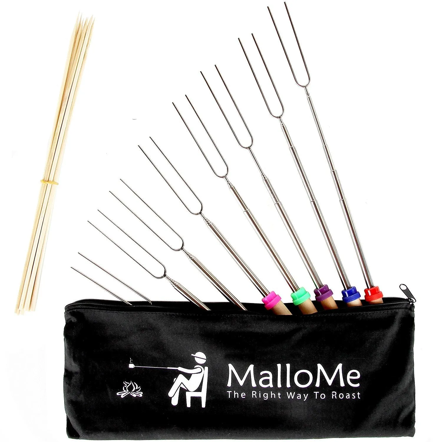 MalloMe Marshmallow Roasting Sticks Set of 10 Telescoping Rotating Smores Skewers and Hot Dog Fork 30 Inch Kids Camping Campfire Fire Pit Accessories | FREE Pouch, 10 Bamboo and Marshmallow Sticks Ebook