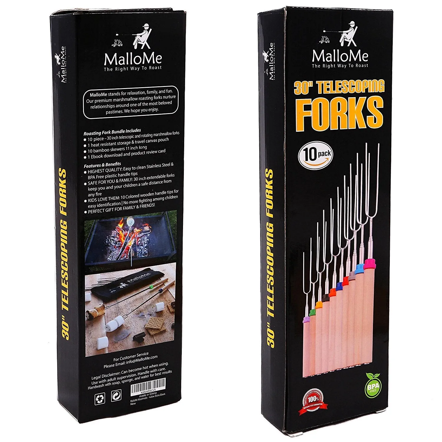 MalloMe Marshmallow Roasting Sticks Set of 10 Telescoping Rotating Smores Skewers and Hot Dog Fork 30 Inch Kids Camping Campfire Fire Pit Accessories | FREE Pouch, 10 Bamboo and Marshmallow Sticks Ebook