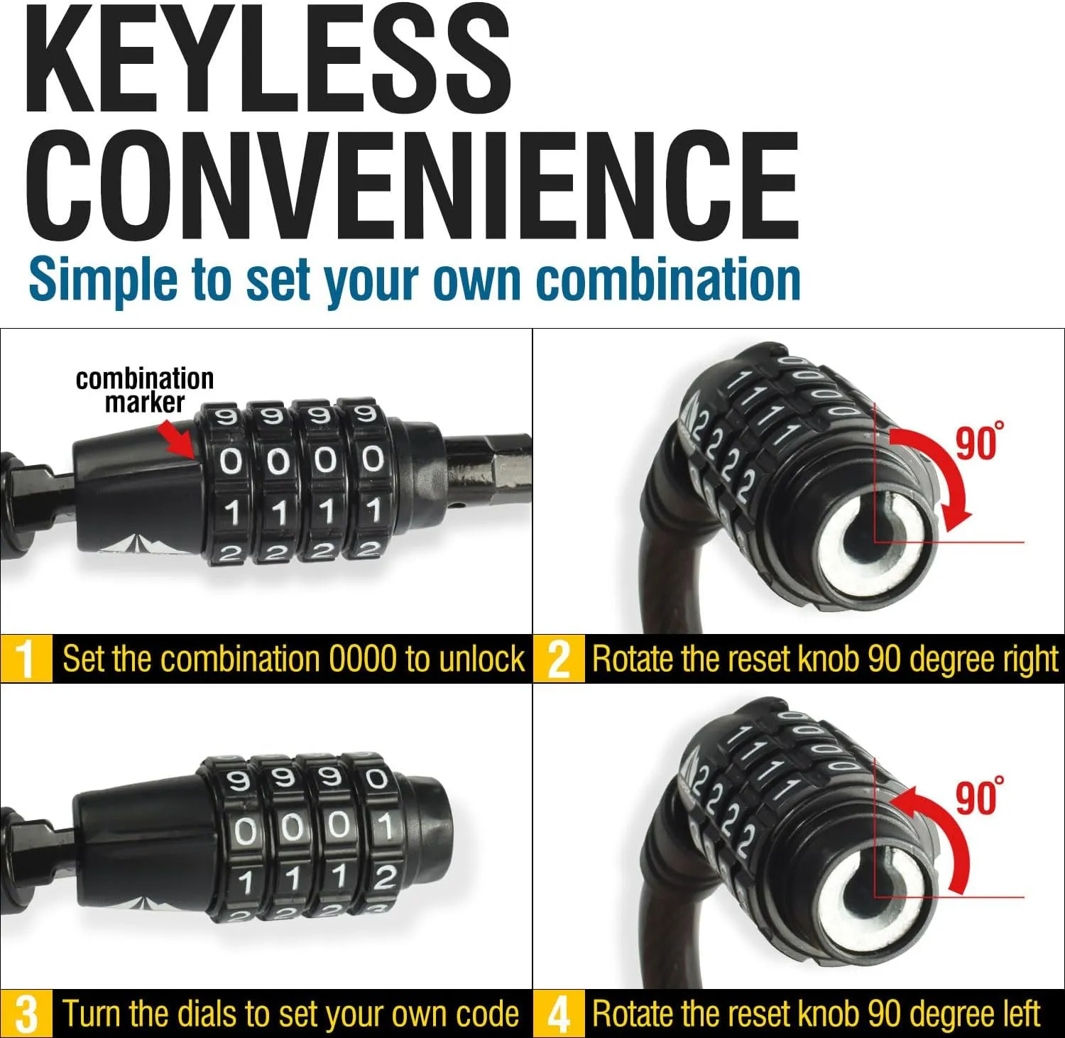 MARQUE Straight Combination Bike Lock Cable - 3/8 inch (5FT, 10FT, 15FT, 25FT) Resettable Combination Lock, Anti-Theft Security Cable for Bicycles, Kayaks, Paddle Boards and Outdoor Gear (05 FT)