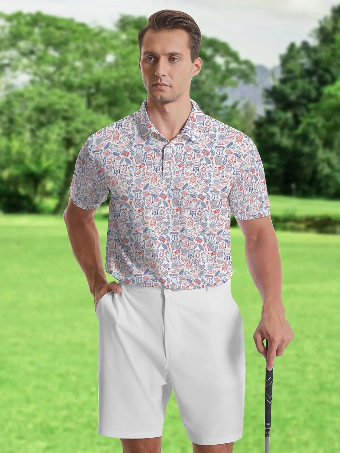 Men's Golf Shirts Moisture Wicking Quick Dry Performance Golf Polo Shirts for Men Fashion Print Short Sleeve Polo Shirts