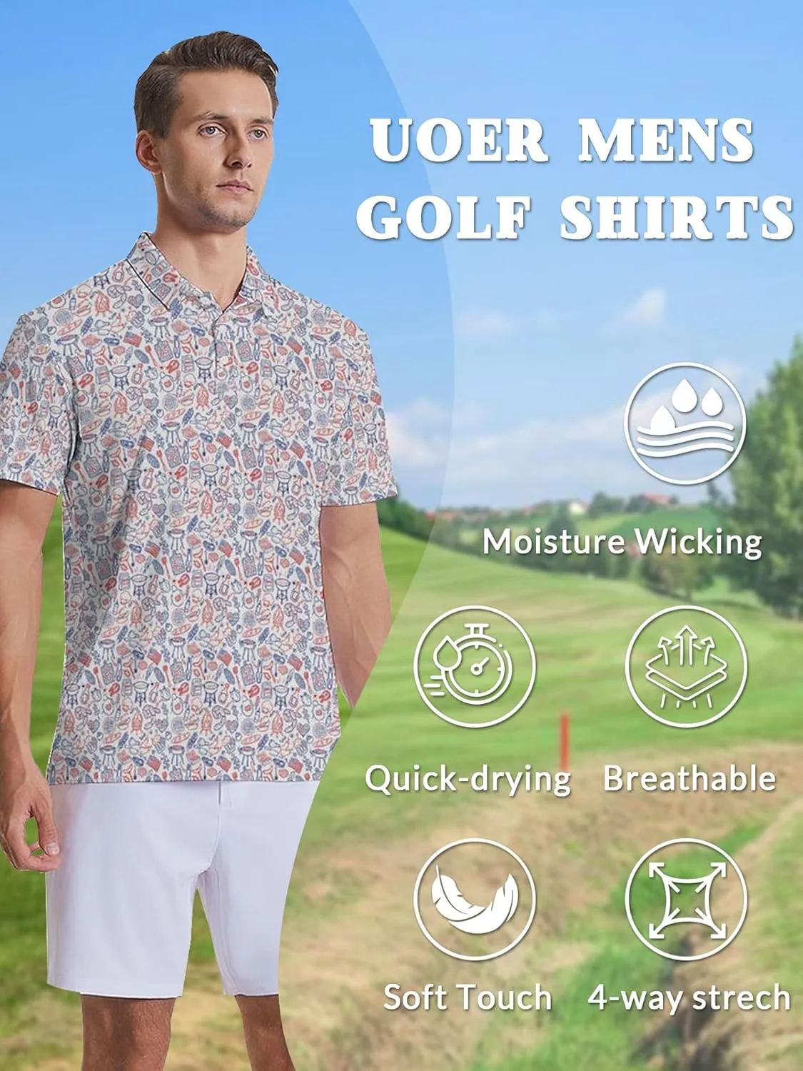 Men's Golf Shirts Moisture Wicking Quick Dry Performance Golf Polo Shirts for Men Fashion Print Short Sleeve Polo Shirts