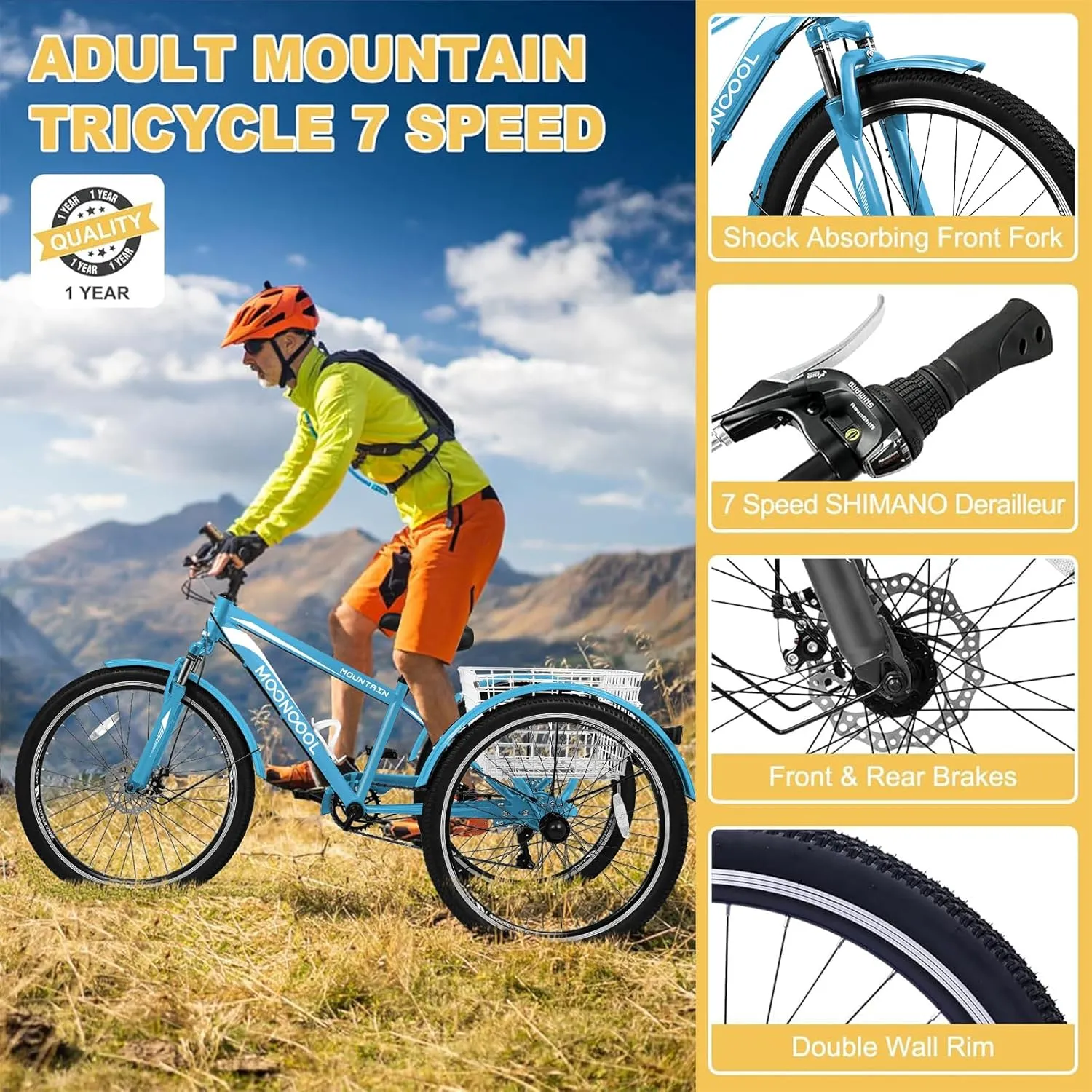 NAIZEA Adult Mountain Tricycle, 7 Speed Three Wheel Cruiser Bike, 27.5 Inch Adults Trikes with Shopping Basket, Exercise Men's Women's Tricycles, Multiple Colors