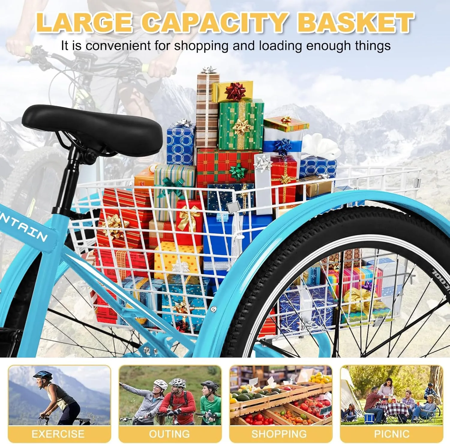 NAIZEA Adult Mountain Tricycle, 7 Speed Three Wheel Cruiser Bike, 27.5 Inch Adults Trikes with Shopping Basket, Exercise Men's Women's Tricycles, Multiple Colors