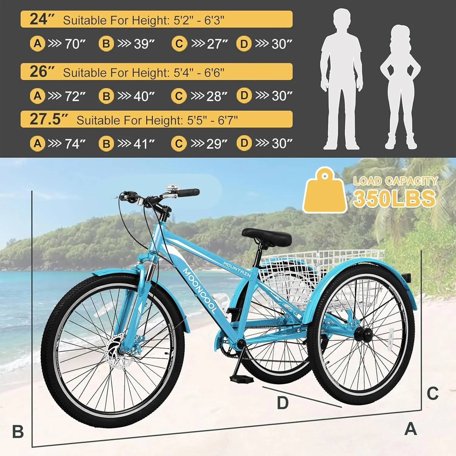 NAIZEA Adult Mountain Tricycle, 7 Speed Three Wheel Cruiser Bike, 27.5 Inch Adults Trikes with Shopping Basket, Exercise Men's Women's Tricycles, Multiple Colors