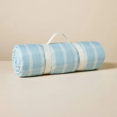 New - 72"x72" Checkered Plaid Picnic Blanket Cream/Light Blue/Green - Hearth & Hand