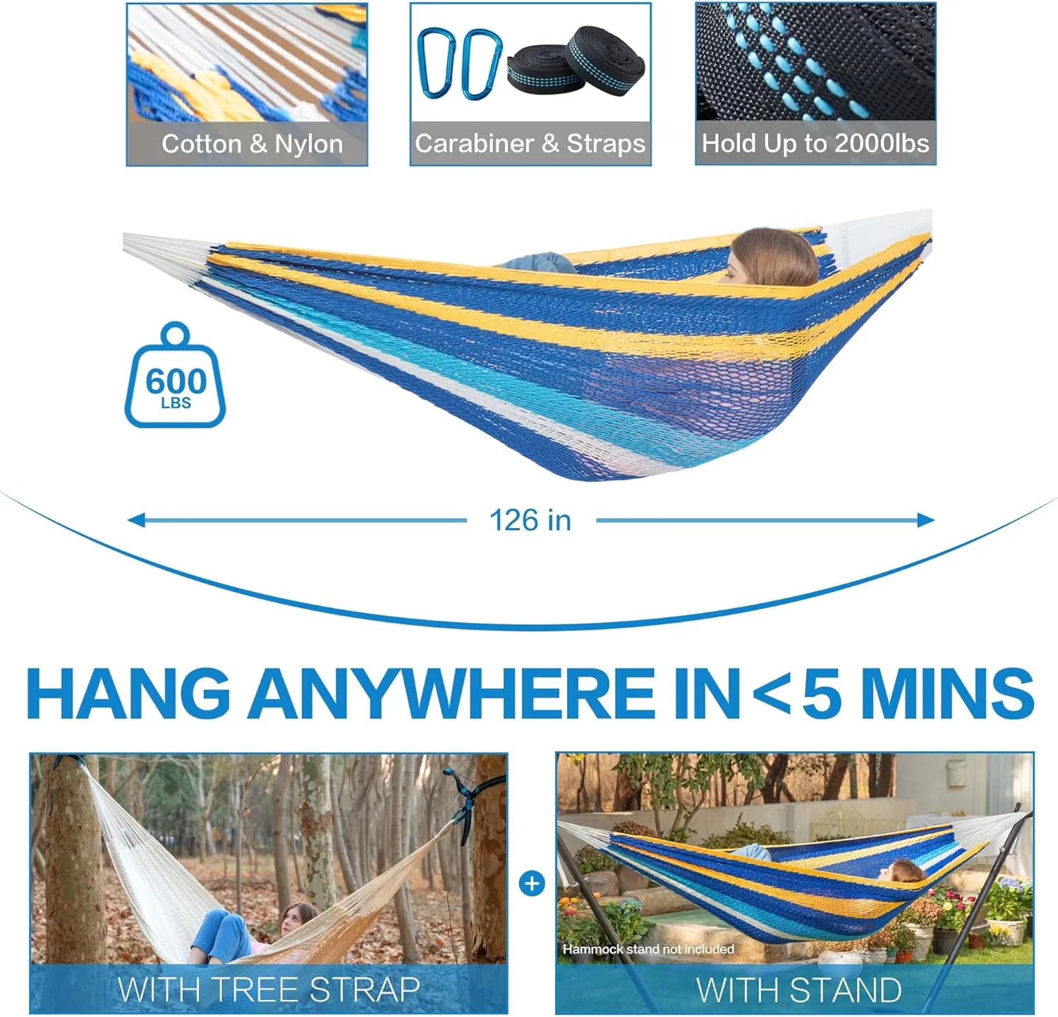 PNAEUT Mayan Hammock, Handwoven XL Thick Soft Rope Hammocks for Outdoor Indoor, Max 600 lbs Capacity, Tree Straps & Carabiners Included (Caribbean Sea)