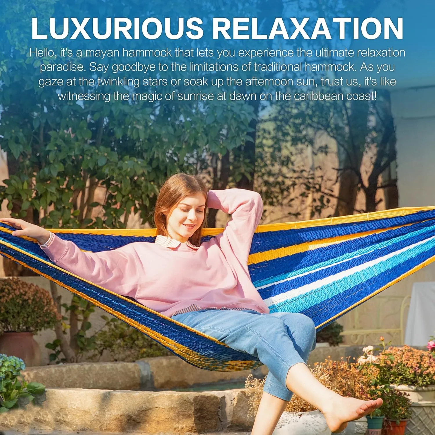 PNAEUT Mayan Hammock, Handwoven XL Thick Soft Rope Hammocks for Outdoor Indoor, Max 600 lbs Capacity, Tree Straps & Carabiners Included (Caribbean Sea)