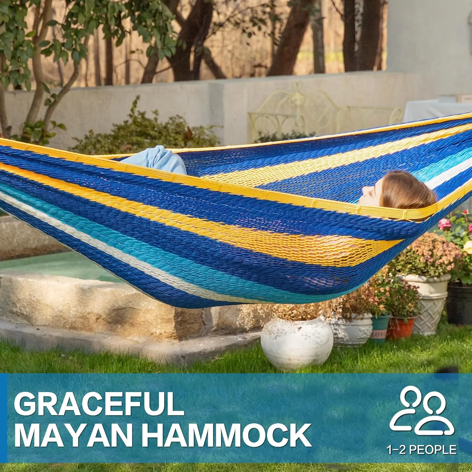 PNAEUT Mayan Hammock, Handwoven XL Thick Soft Rope Hammocks for Outdoor Indoor, Max 600 lbs Capacity, Tree Straps & Carabiners Included (Caribbean Sea)
