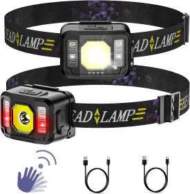 Rechargeable LED Headlamp, Super Bright Motion Sensor Head Flashlight, 2 Pack Hands-Free Lamps with White & Red Light, 6 Modes Lightbar for Adults and Kids in Camping Cycling Running Fishing