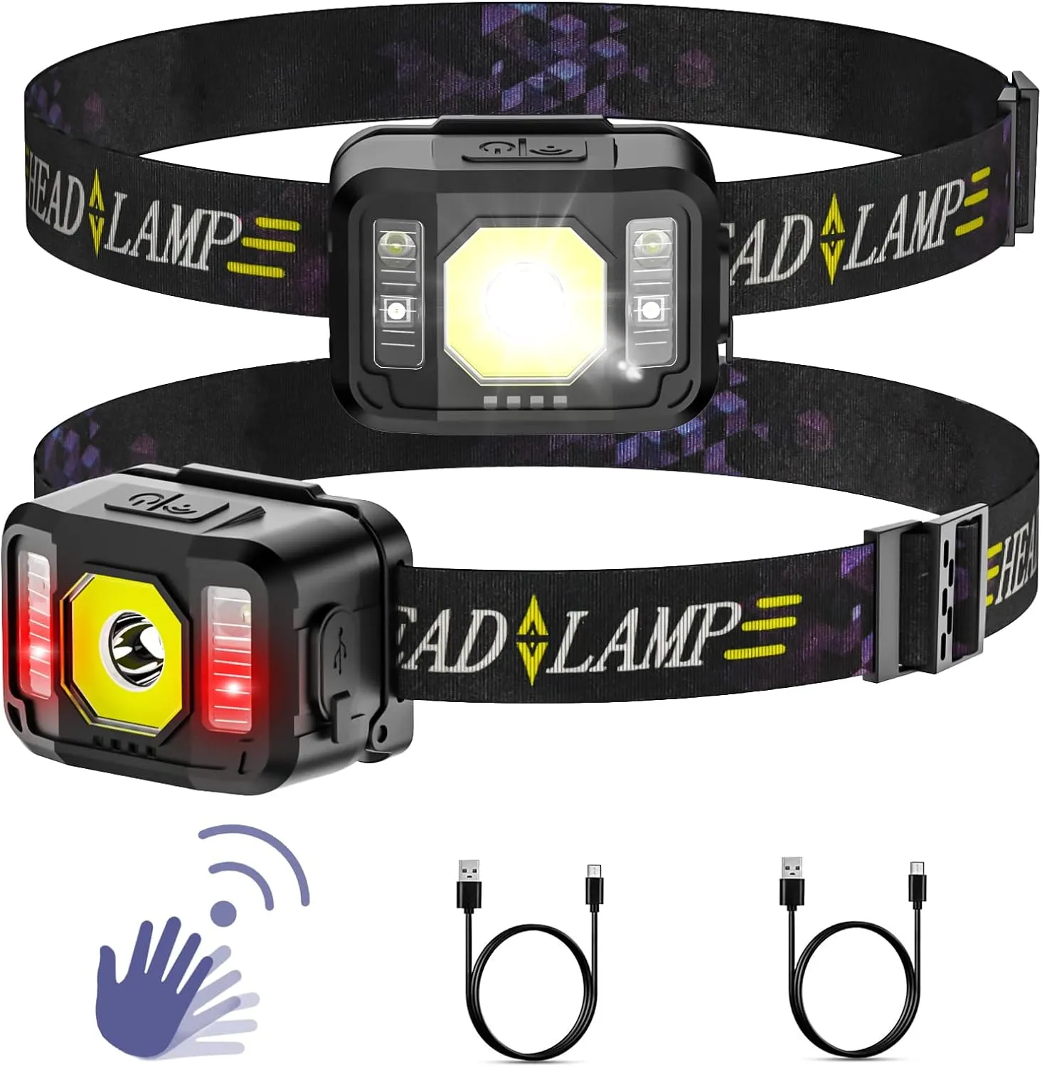 Rechargeable LED Headlamp, Super Bright Motion Sensor Head Flashlight, 2 Pack Hands-Free Lamps with White & Red Light, 6 Modes Lightbar for Adults and Kids in Camping Cycling Running Fishing